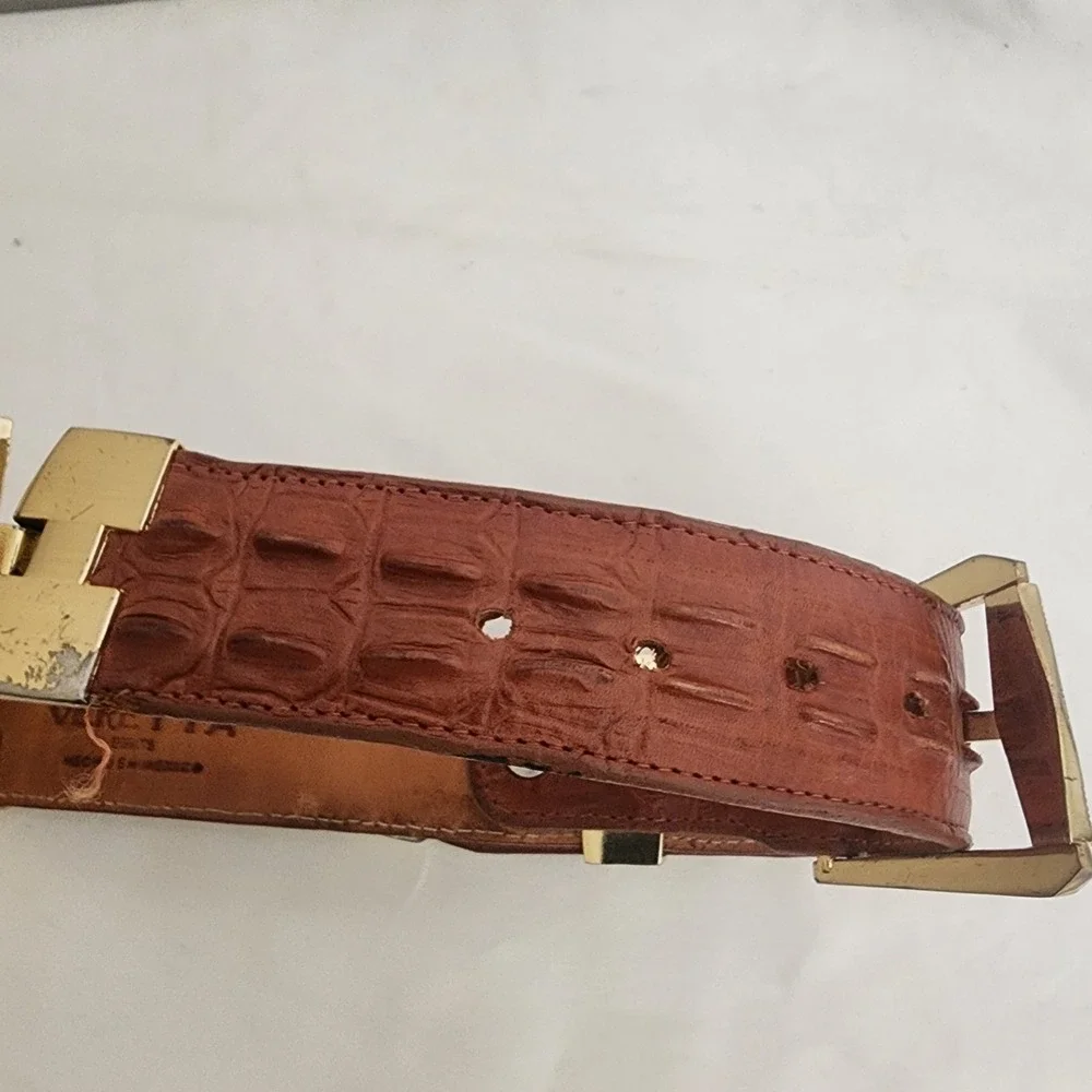 Veretta Leather Belt 42 Western Mexico Caiman Embossed Metal Hinge Lion Brown